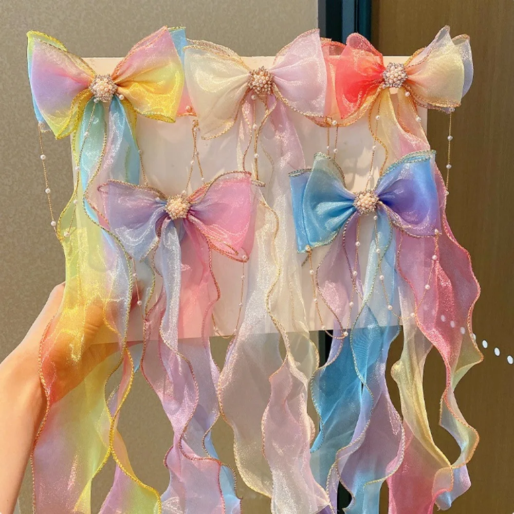 High Quality Sweet Kawaii Pearl Bow Tassel Ribbon Hair Clips For Girls And Children Cute Ladies Hair Barrettes And Hairbands Fashion Hair Accessories For Daily Wear Party And School