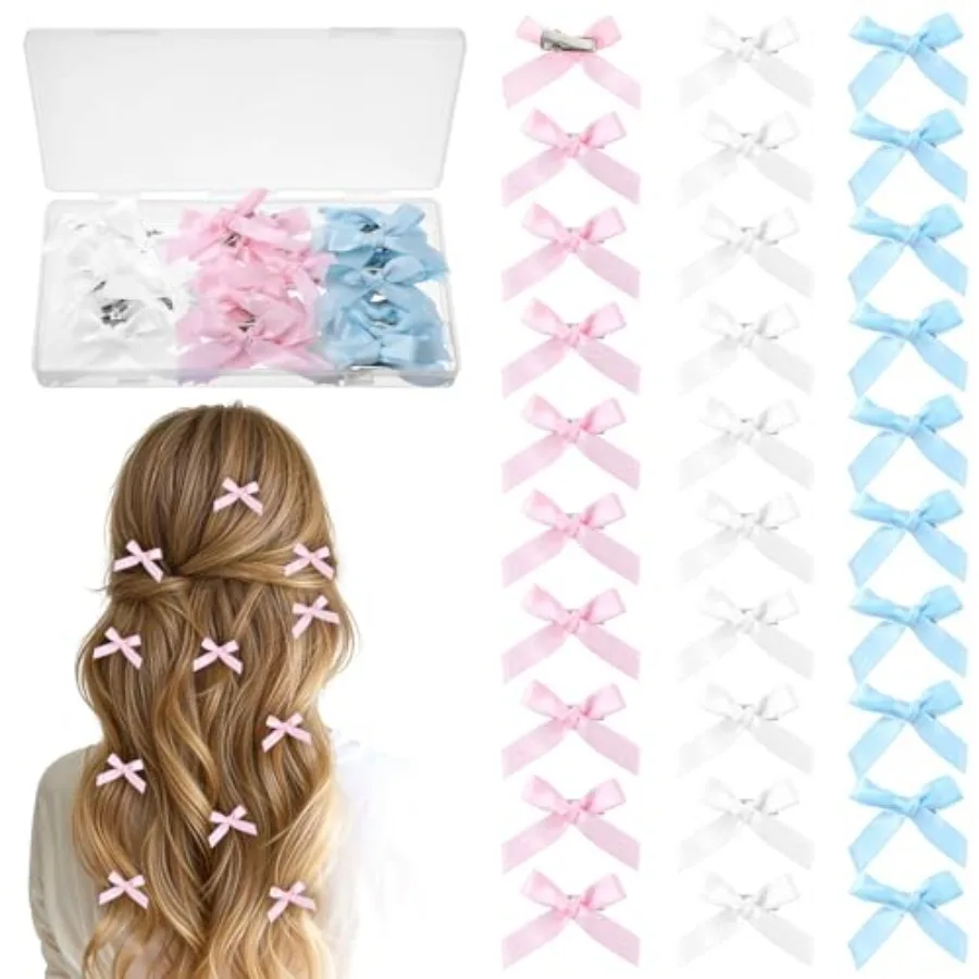 30 PCS Mini Bows for Hair, Pink White Blue Mini Hair Bows for Women Girls, Cute Ribbon Bow Accessories