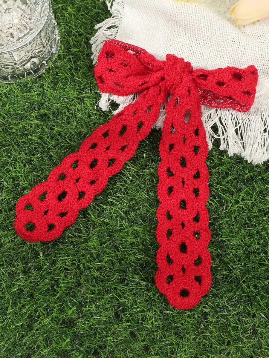 Red Crochet Lace Headband With Bow For Women Summer Beach Casual Hair Accessory