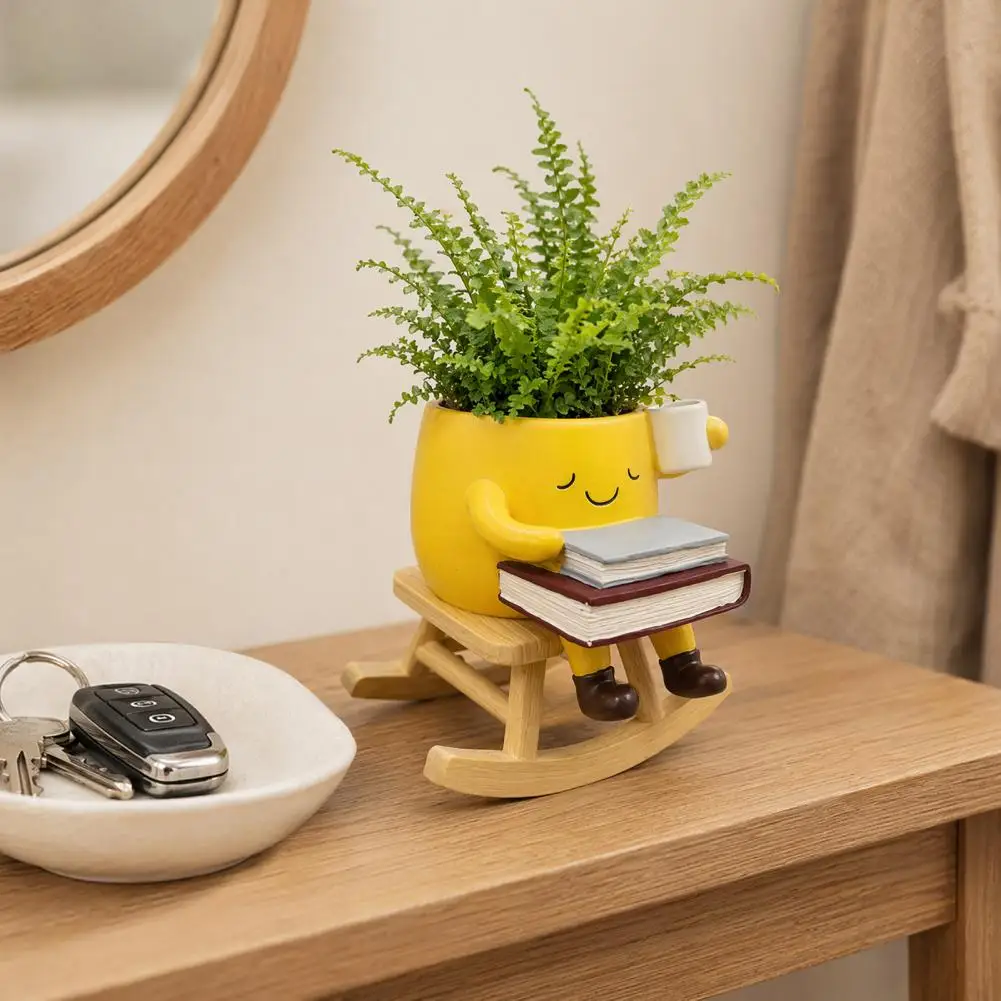 Durable Flower Pot Chair Plant Pot with Smiling Face Resin Planter with Drainage Hole Cute Indoor Flowerpot for Home Decor Resin