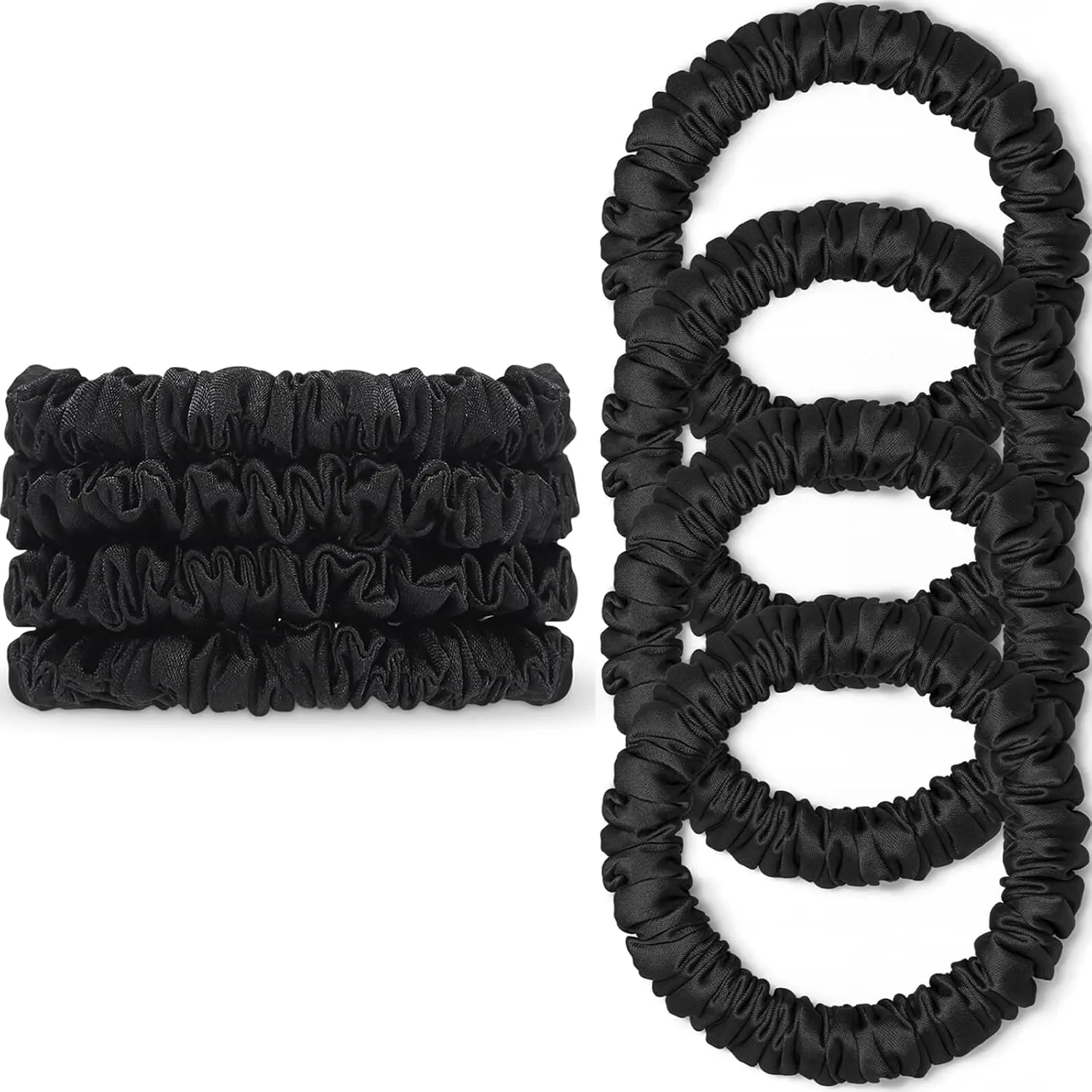 Scrunchies Hair Ties Silk Satin Scrunchy, WantGor Women 4PC Pure Mulberry Silk Skinny Elastic Scrunchies Hair Bands Bracelets Ponytail Holders Hair Accessories (Black*4)