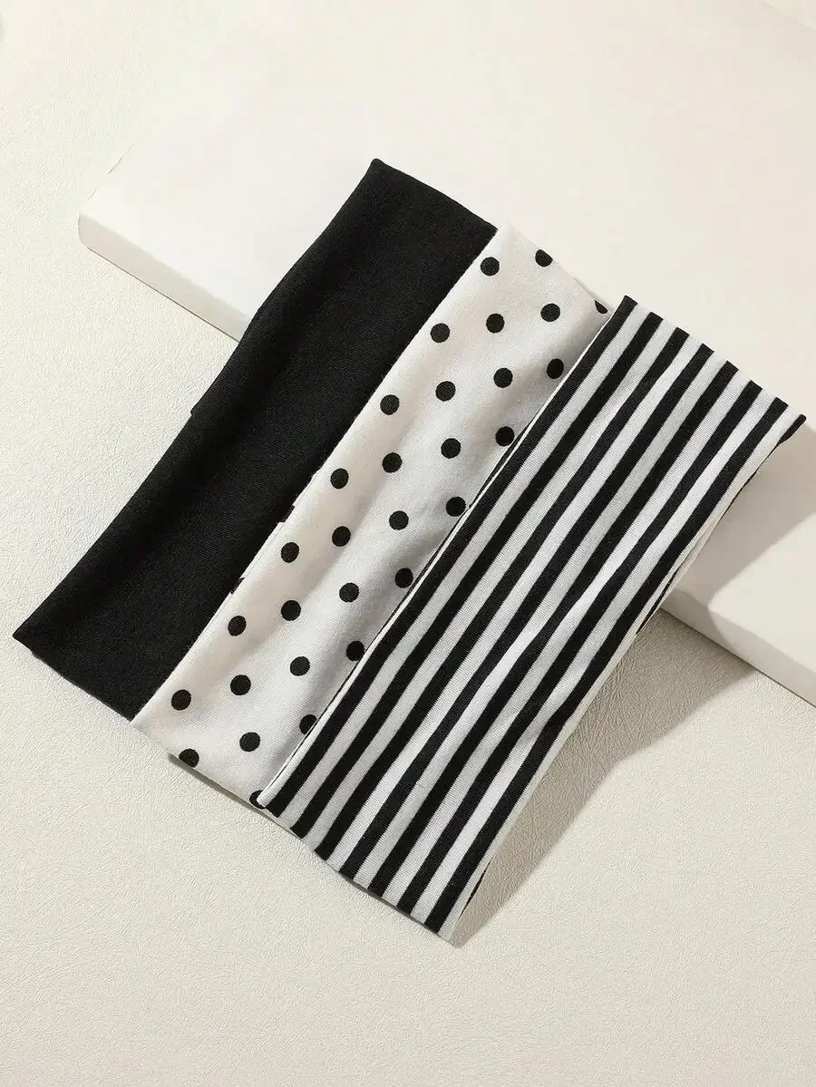 3pcs Black White Polka Dot Striped Elastic Hair Bands For Women Daily Yoga Fitness Travel