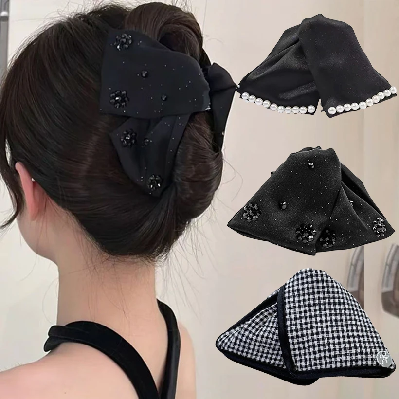 Elegant Large Rhinestones Bow Hair Claw Crab Pearls Hairpins Women Girls Sweet Hair Ornament Hair Clips Fashion Hair Accessories hair clips for women