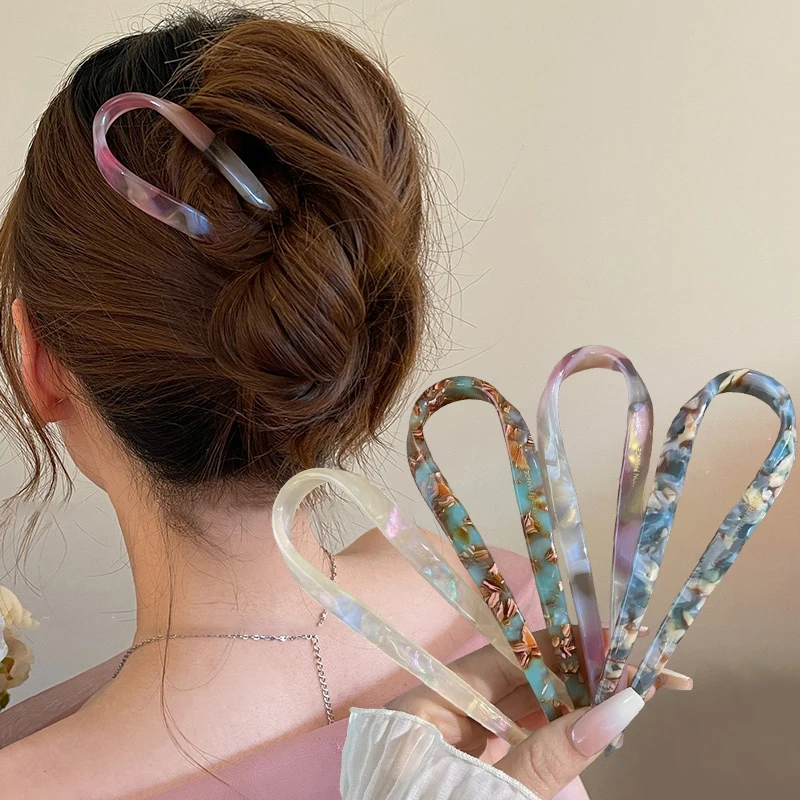 U-Shaped Hair Sticks Acetate Acrylic Hair Fork Hair Clips Fashion Bow Hairpin Geometric Headwear Women Girls Hair Accessories