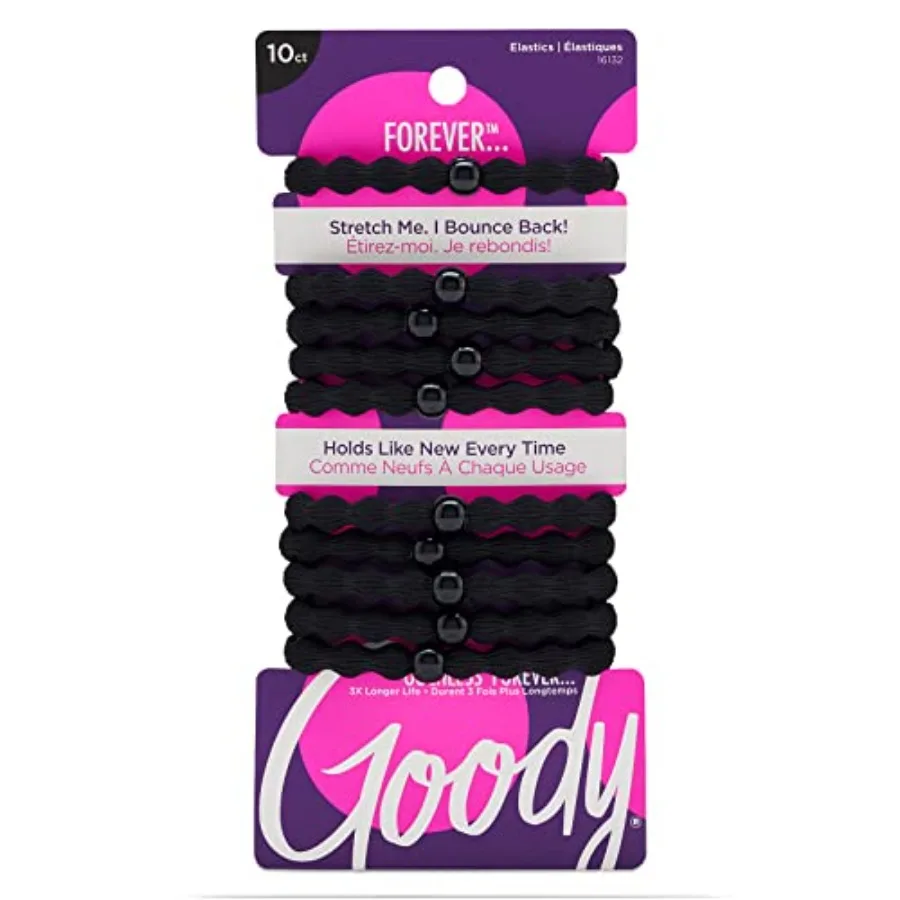 Goody Ouchless Forever Hair Elastics, 10 Ct,,Damage-Free Bands, 3X Stronger Elastic Ties, Retainable Shape, 16 Strand Inner Cor