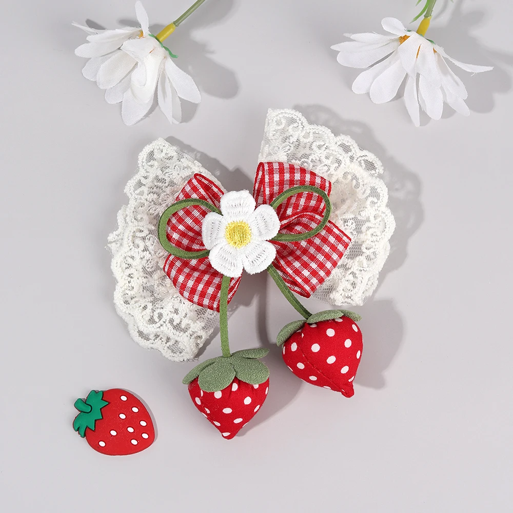 Korean Strawberry Bow Hair Clips Sweet Flower Lace Ribbon Bownot Hairpins for Girls Children Trendy Cute Headwear Accessories