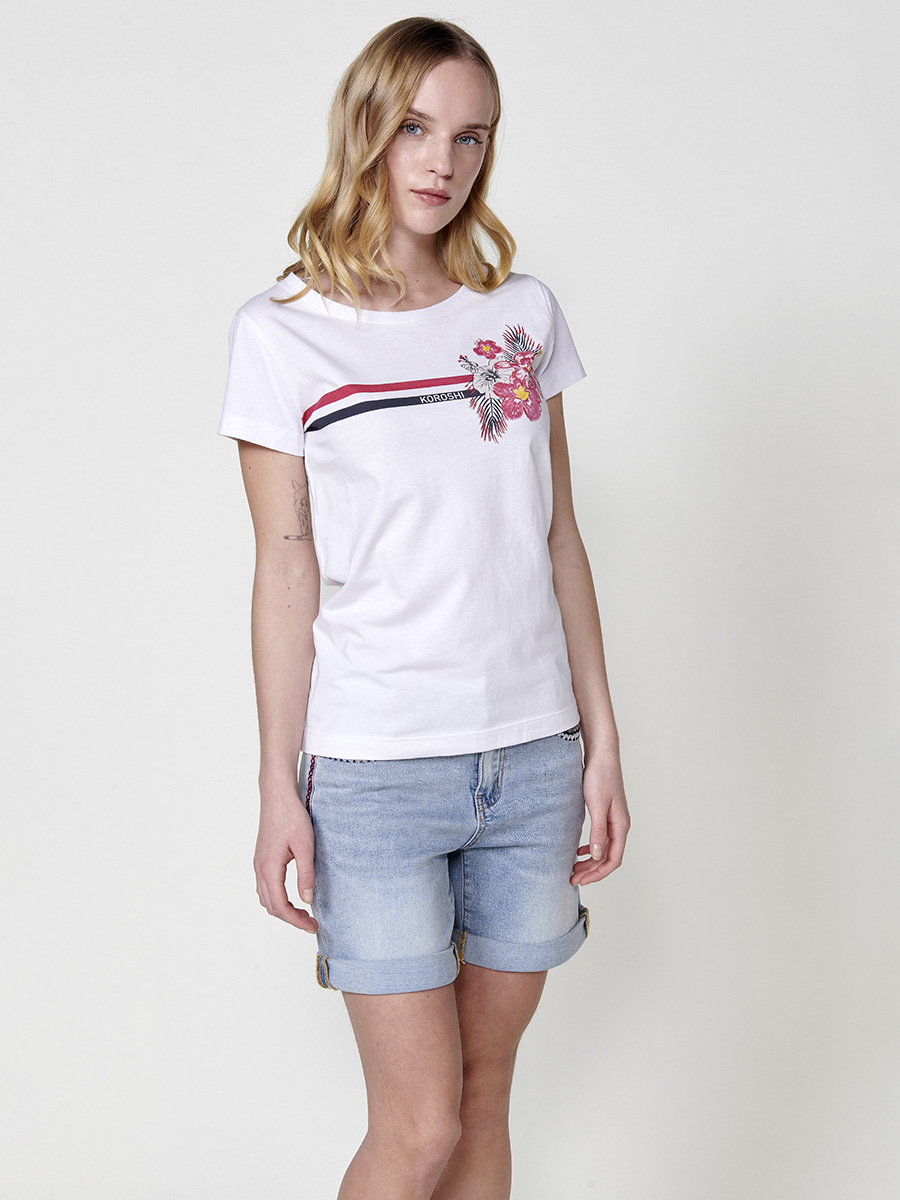 Koroshi Camiseta Mujer de algodón manga corta con estampado de rayas y flores – Koroshi blanca