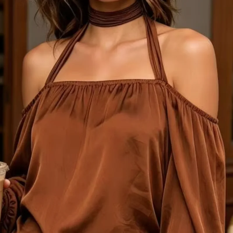 Summer Women Off-Shoulder Shirt, Long Sleeve Casual Halter Top, Solid Color Loose Satin Blouse Business Casual Shirts