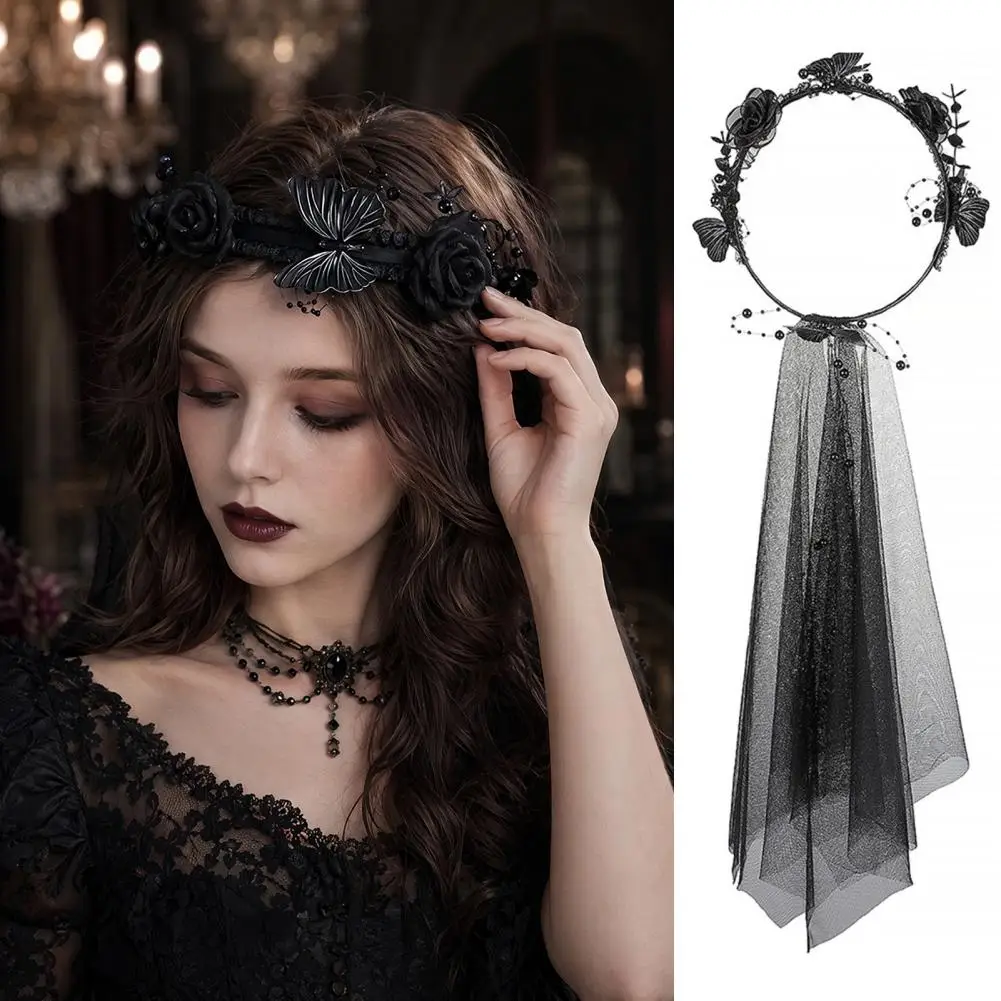 Dark Bride Cosplay Accessory Dark Rose Veil Headband with Black Butterfly Beaded Mesh Hair Hoop Long Tulle for Halloween