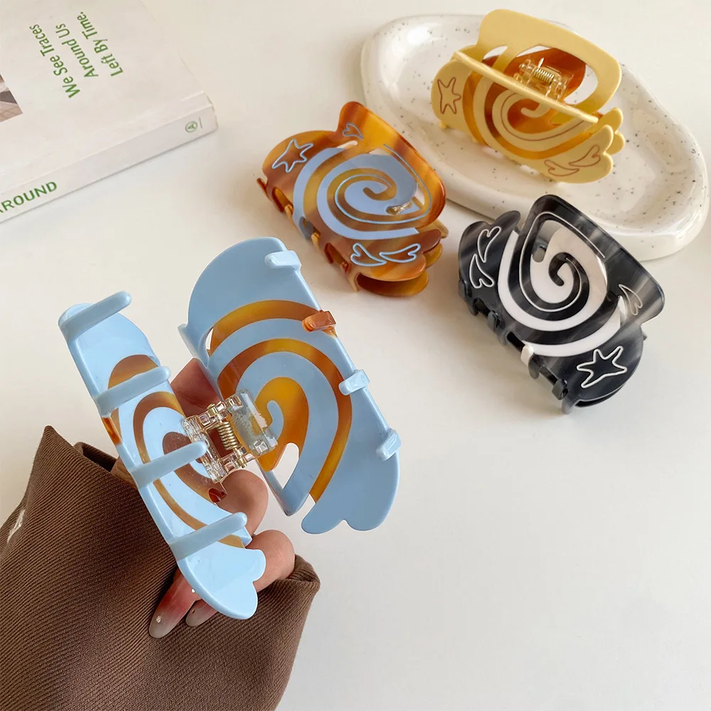 New Acetate Spiral Star Printed Hair Clip Claw for Women Fashion Contrasting Color Barrette Hairpin Hair Accessories Tool Gifts