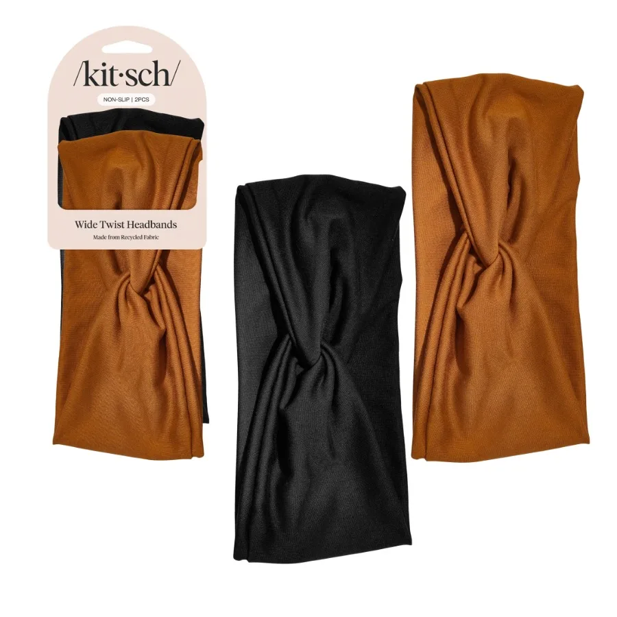 Recycled Fabric Fashion Headband Black and Camel 2 Pack