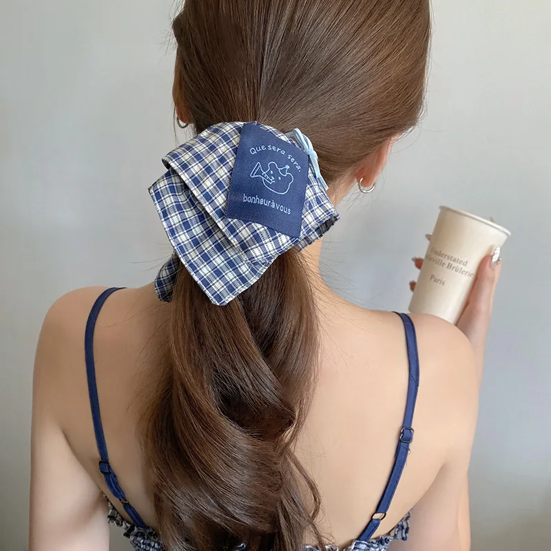 Korean blue plaid bow square towel large intestine hair band women's high-end hair band hair rope fashion headrope hair accessories