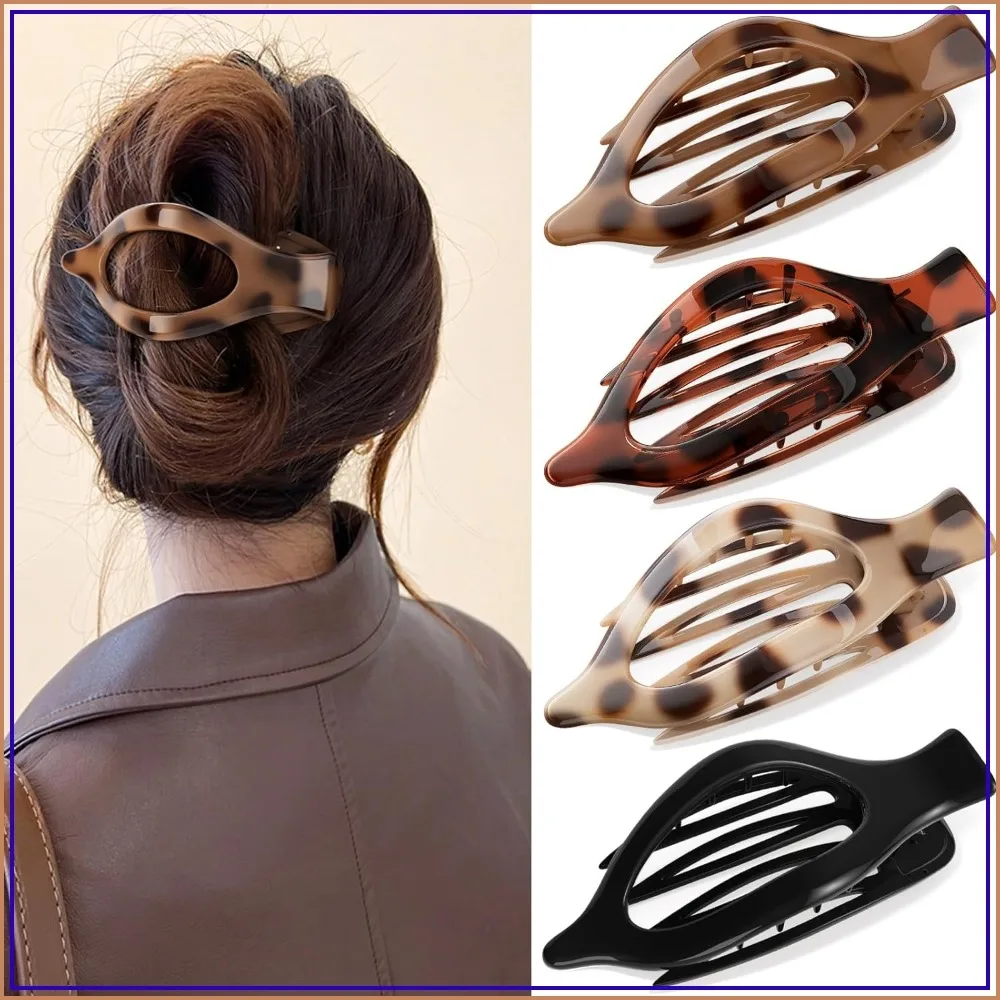 4 PCS Large Flat Hair Clips for Women, French Concord Lay Down Claw Clips for Thick Thin Hair, Comfortable Curved Flat Clip, Leopard Print Strong Hold Hair Accessories