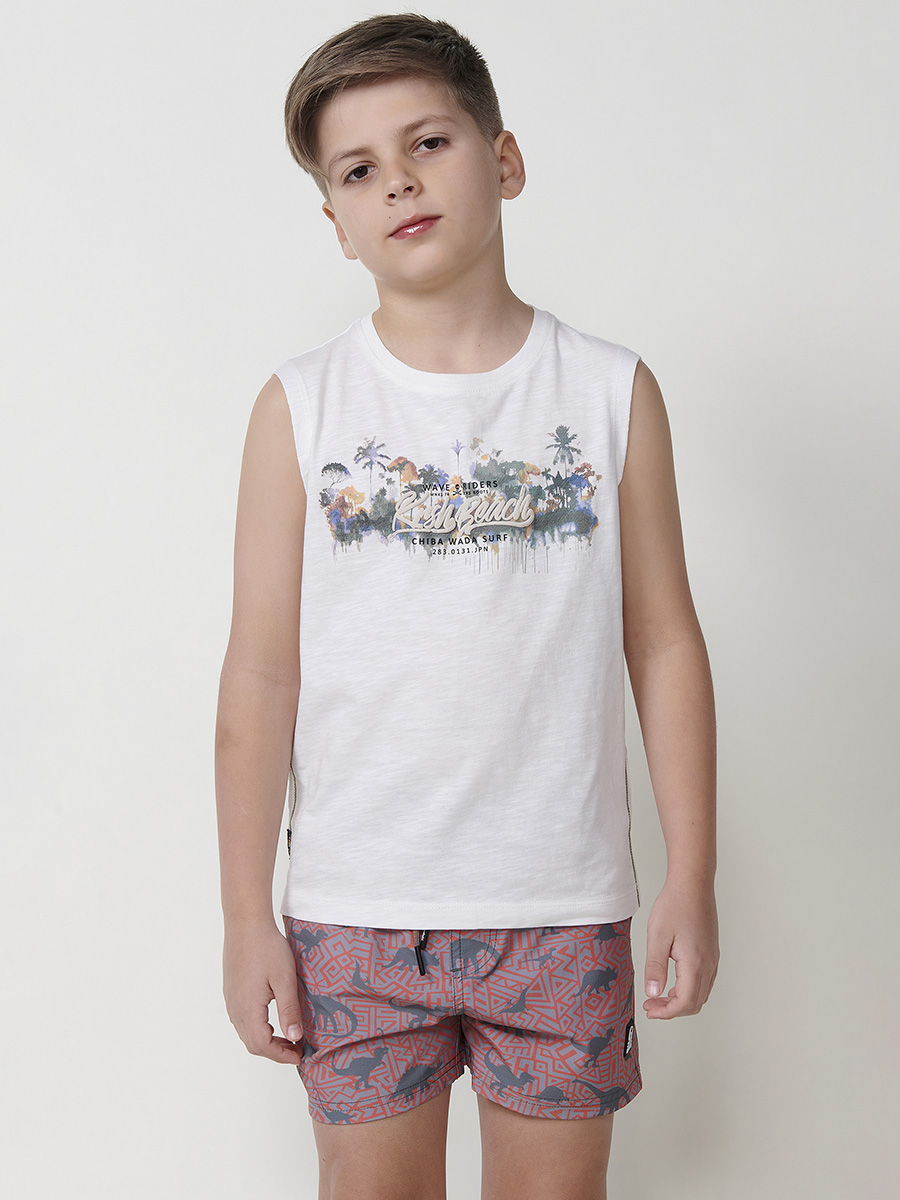 Koroshi - Camiseta sin mangas para niño de algodón con estampado en relieve y pespuntes a contraste color crudo