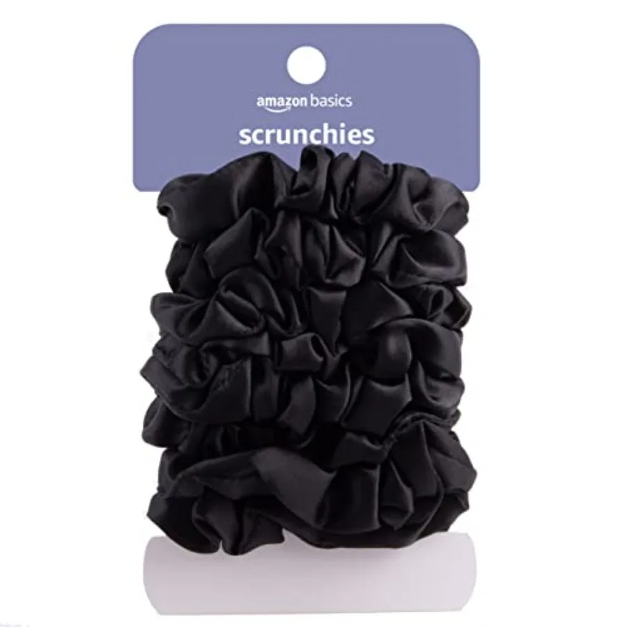 Amazon Basics Satin Scrunchies No Crease, No Damage Hair Ties Frizz Free, Gentle, Stylish Scrunchies. Black, 8 Count, For Thin