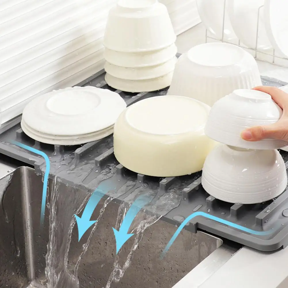 Sink Mat Silicone Sink Drain Mat Non-slip Heat Resistant Cutlery Holder Flexible Thick Dish Drying Mat with Slope Drainage
